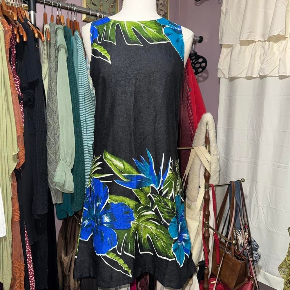 Y2K Blue & Black Tropical Print Dress Size S